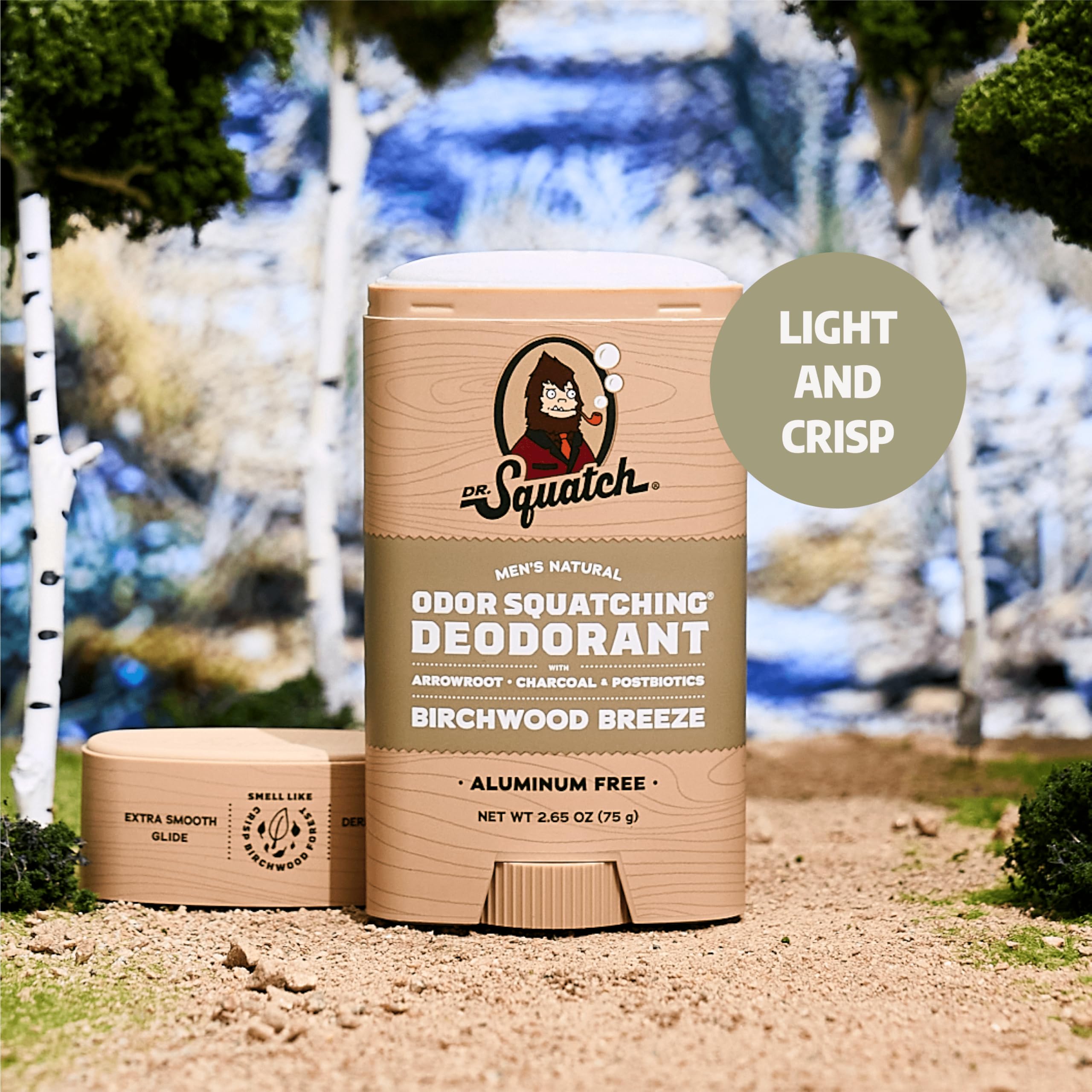Dr. Squatch Desodorante con almidón de arrurruz, carbón activado y postbioticos para control natural del olor.