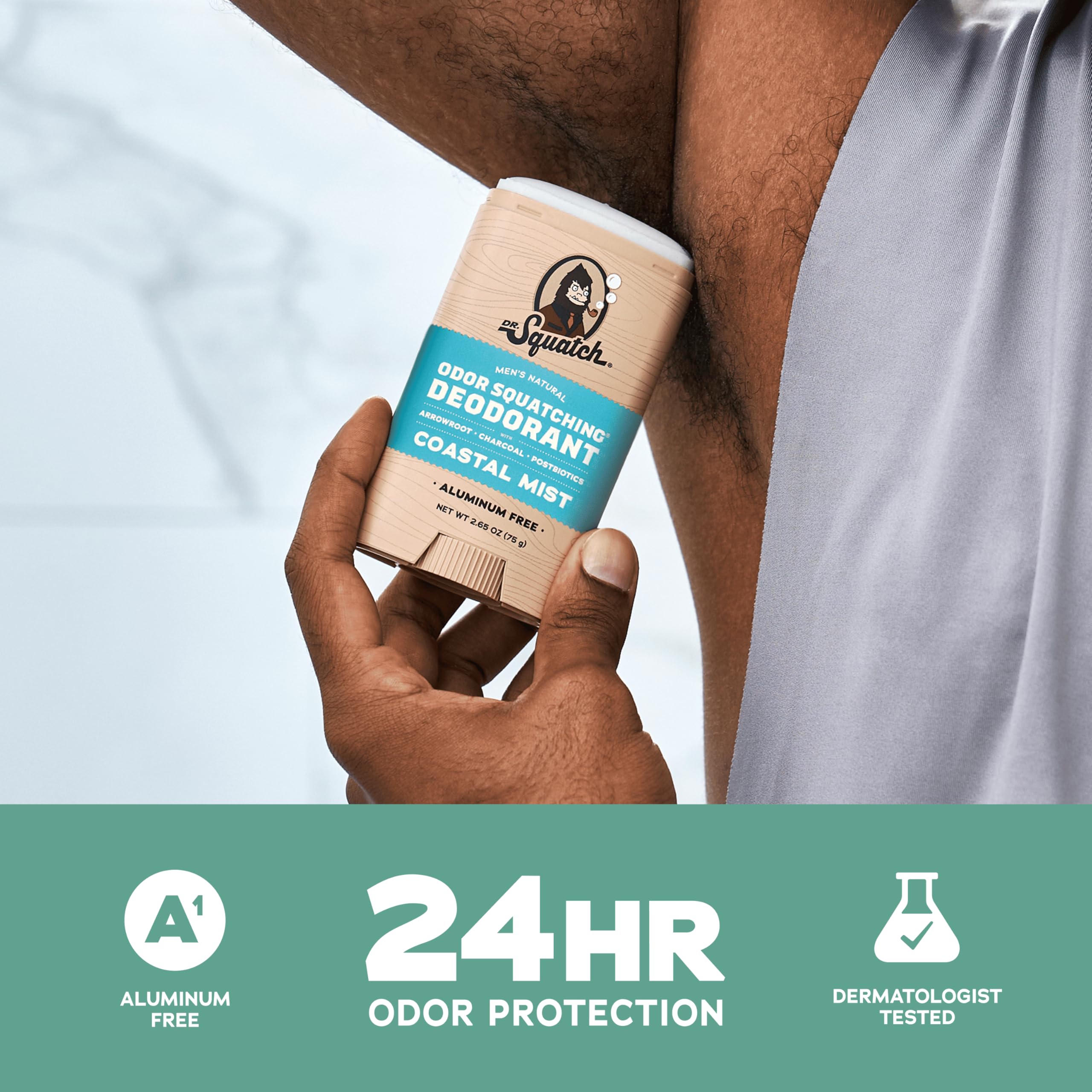 Dr. Squatch déodorant avec charbon et postbiotiques : protection quotidienne efficace.