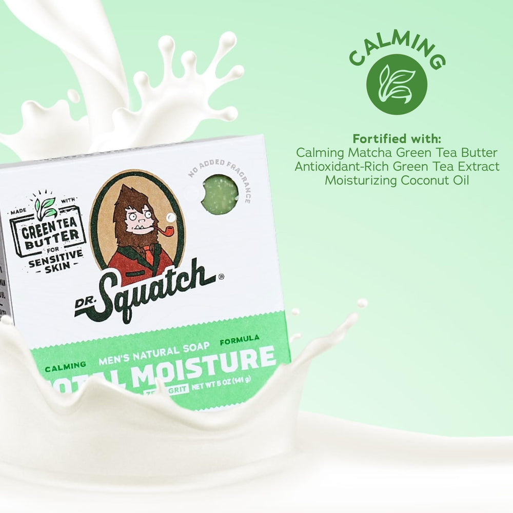 Dr. Squatch Green Tea Butter bar 3-pack on shelf emphasizes unscented formula for sensitive skin.