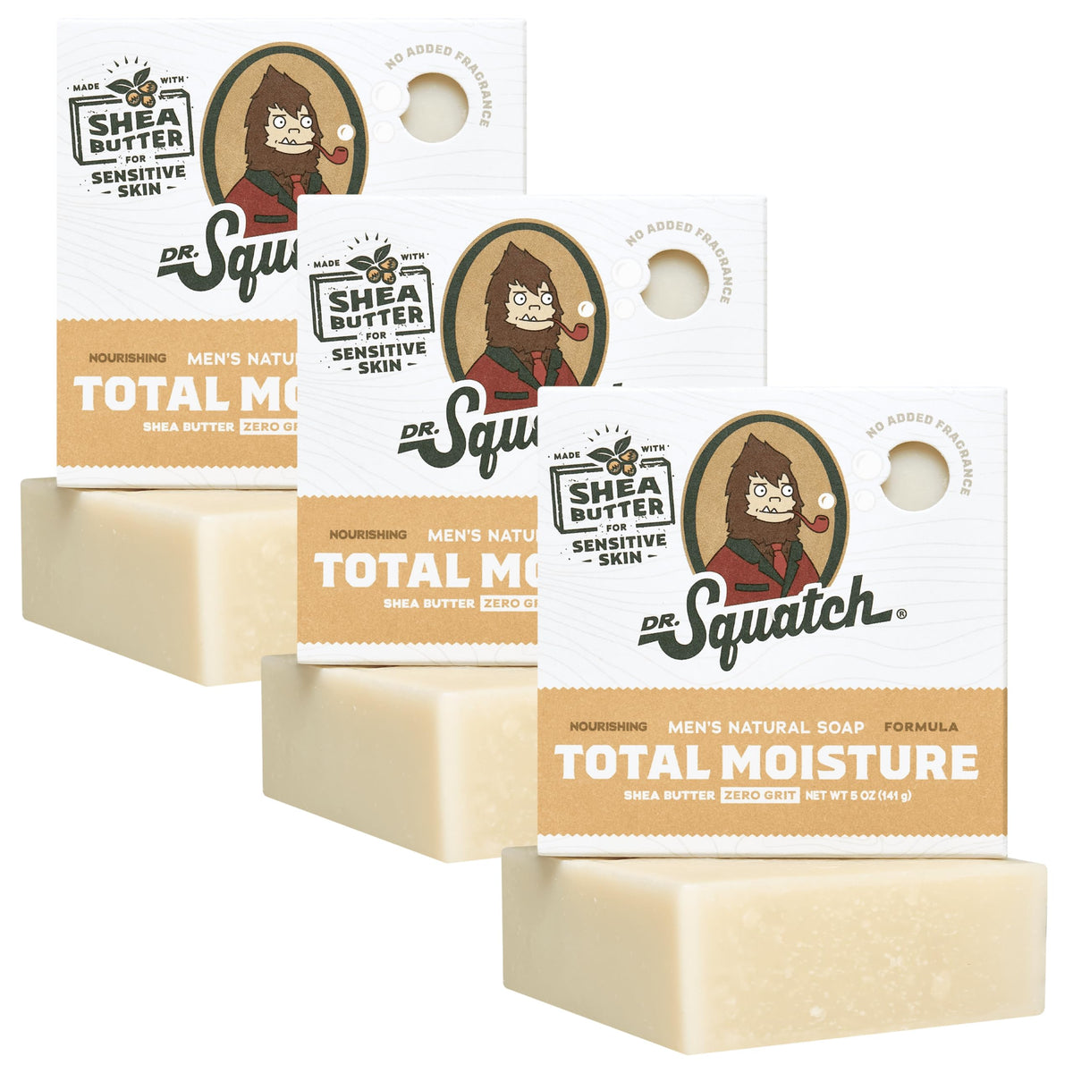 Dr. Squatch Total Moisture Bar Soap unscented shea butter unwraps for gentle hydration.