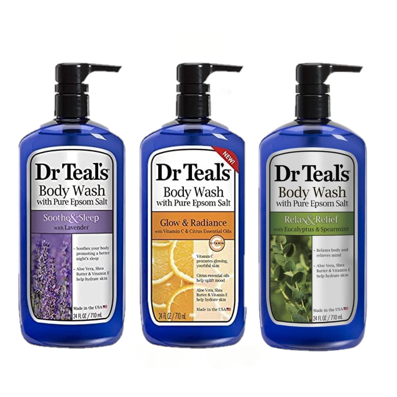 Coffret Dr Teal's Douche: trois bouteilles pour relaxation et soin.