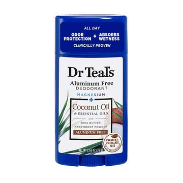 Dr Teal's desodorante coco, botella visible, fragancia suave para piel limpia y cómoda