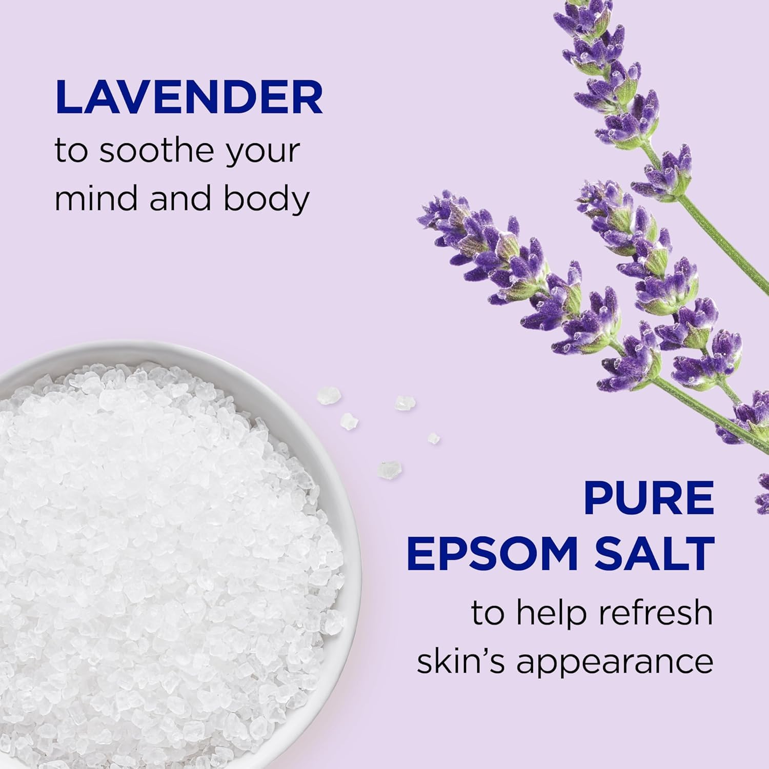 Primer plano de cristales de sal Epsom lavanda para relajación