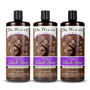 Dr. Woods Jabon Negro Liquido, botella vertiendo, limpieza suave para piel sensible.