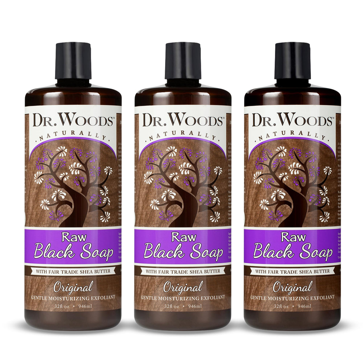 Dr. Woods Jabon Negro Liquido, botella vertiendo, limpieza suave para piel sensible.