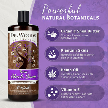Dr. Woods Jabon Negro Liquido, ingredientes organicos y manteca de karité para hidratación.