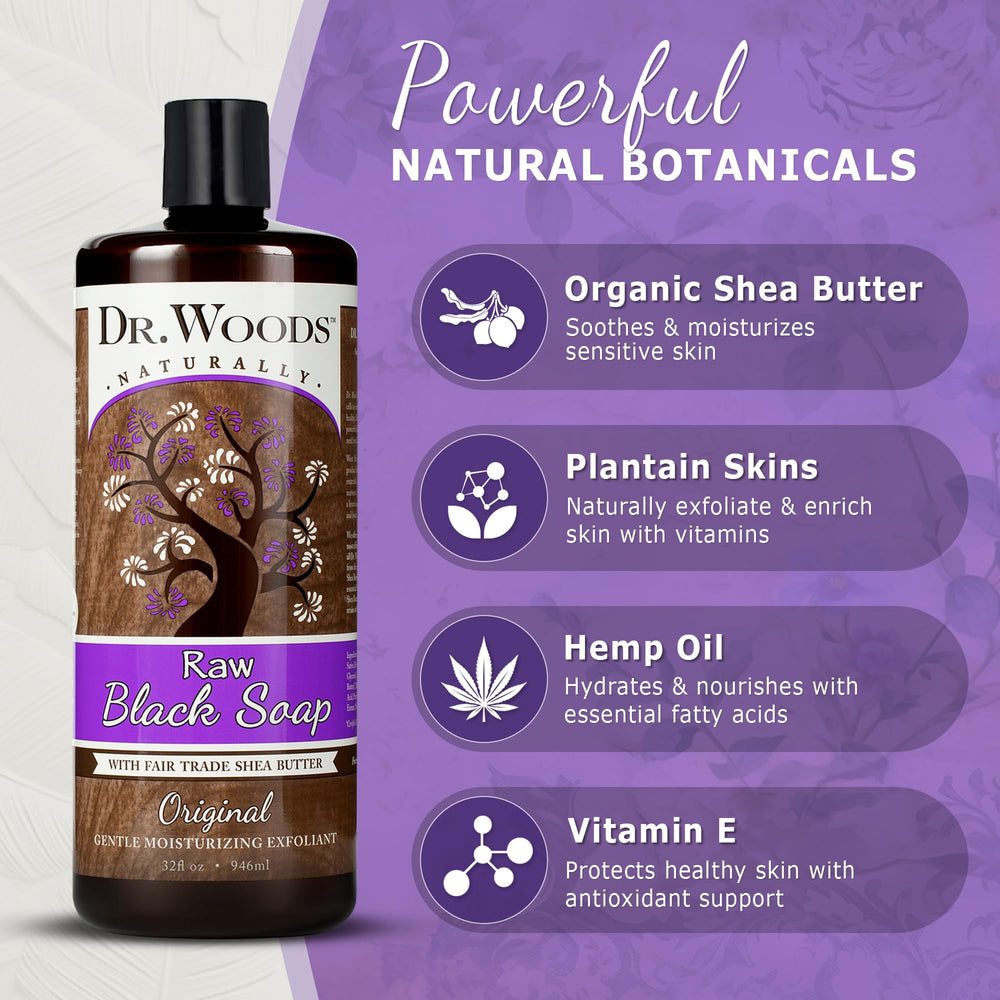 Dr. Woods Jabon Negro Liquido, ingredientes organicos y manteca de karité para hidratación.