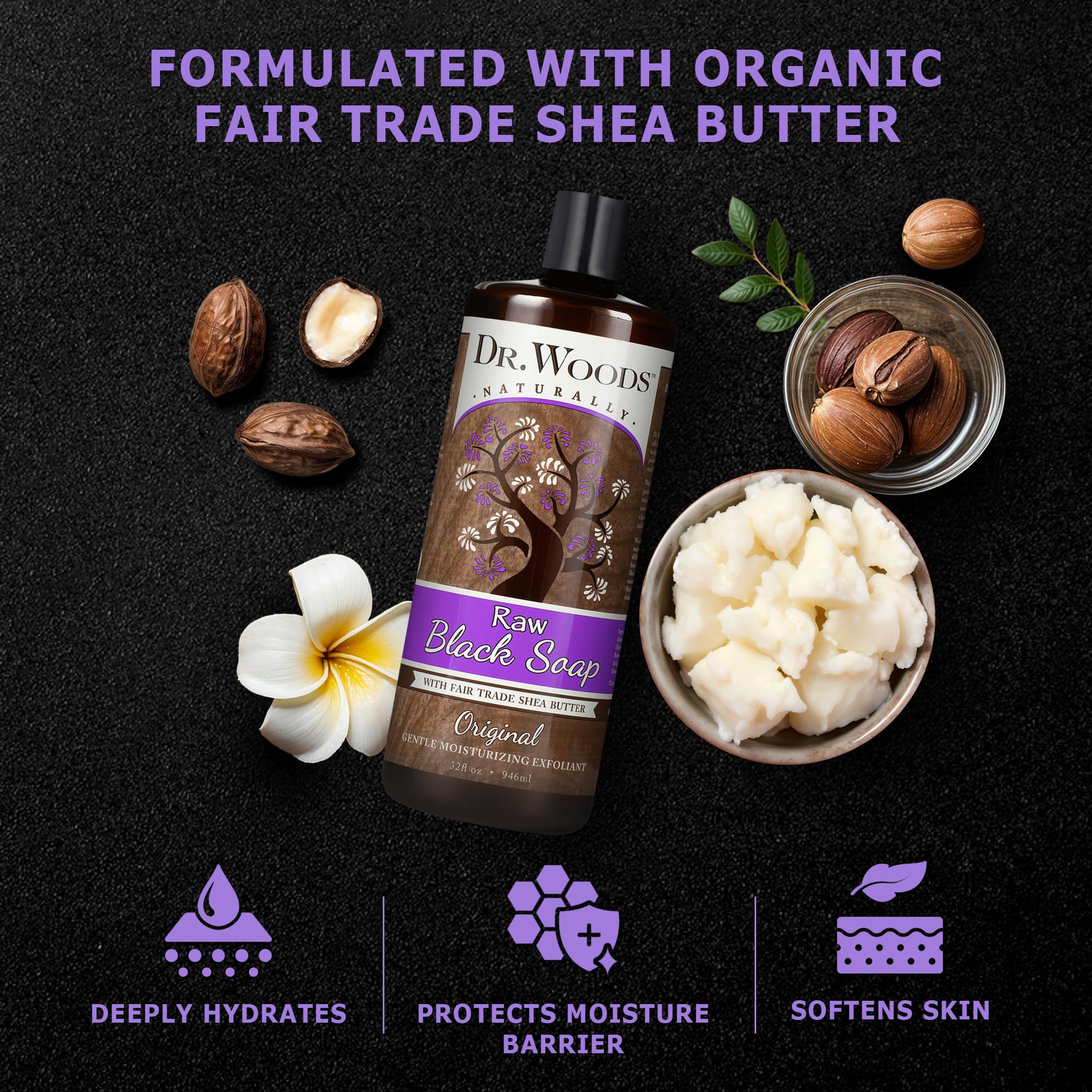 Dr. Woods Jabon Negro Liquido, manteca de karité para rostro, cuerpo y manos.