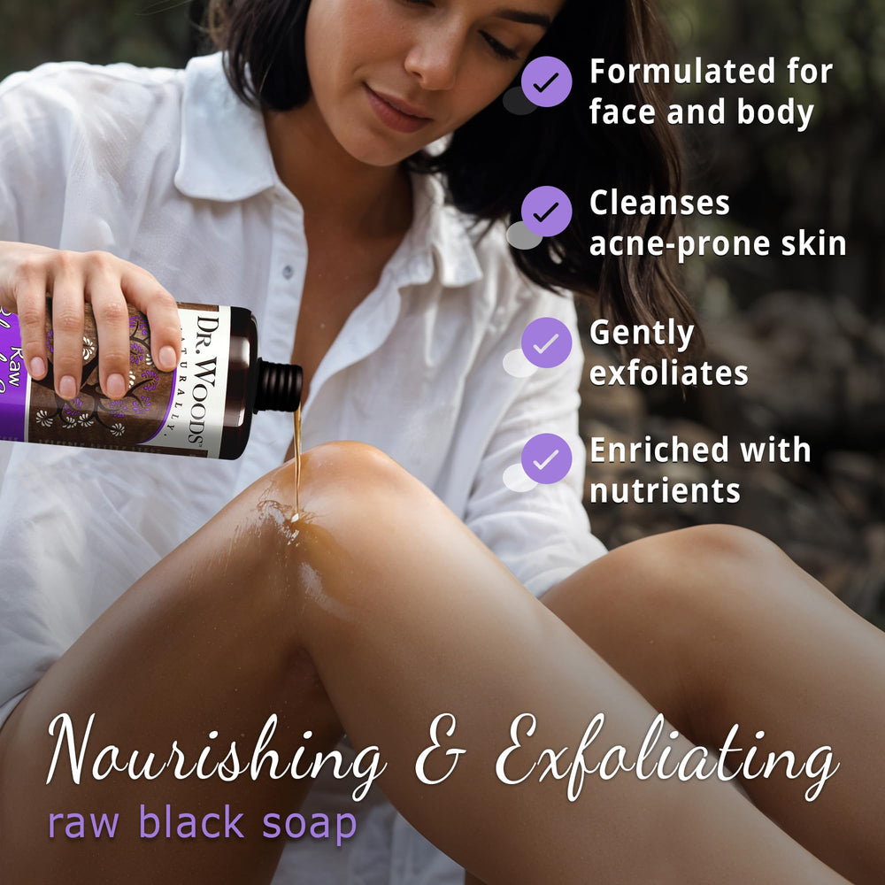 Dr. Woods Jabon Negro Liquido, textura suave para exfoliar ligeramente la piel.