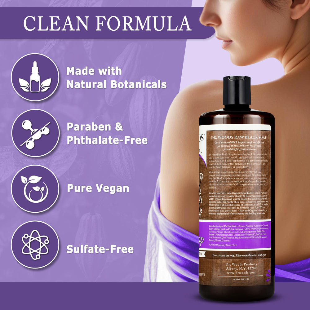 Dr. Woods Jabon Negro Liquido, uso facial y corporal diario para una limpieza nutritiva.
