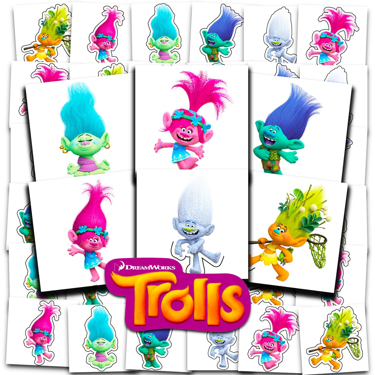 Tatuajes Trolls DREAMWORKS 2x2 perforados para fiestas, fáciles de pegar y quitar