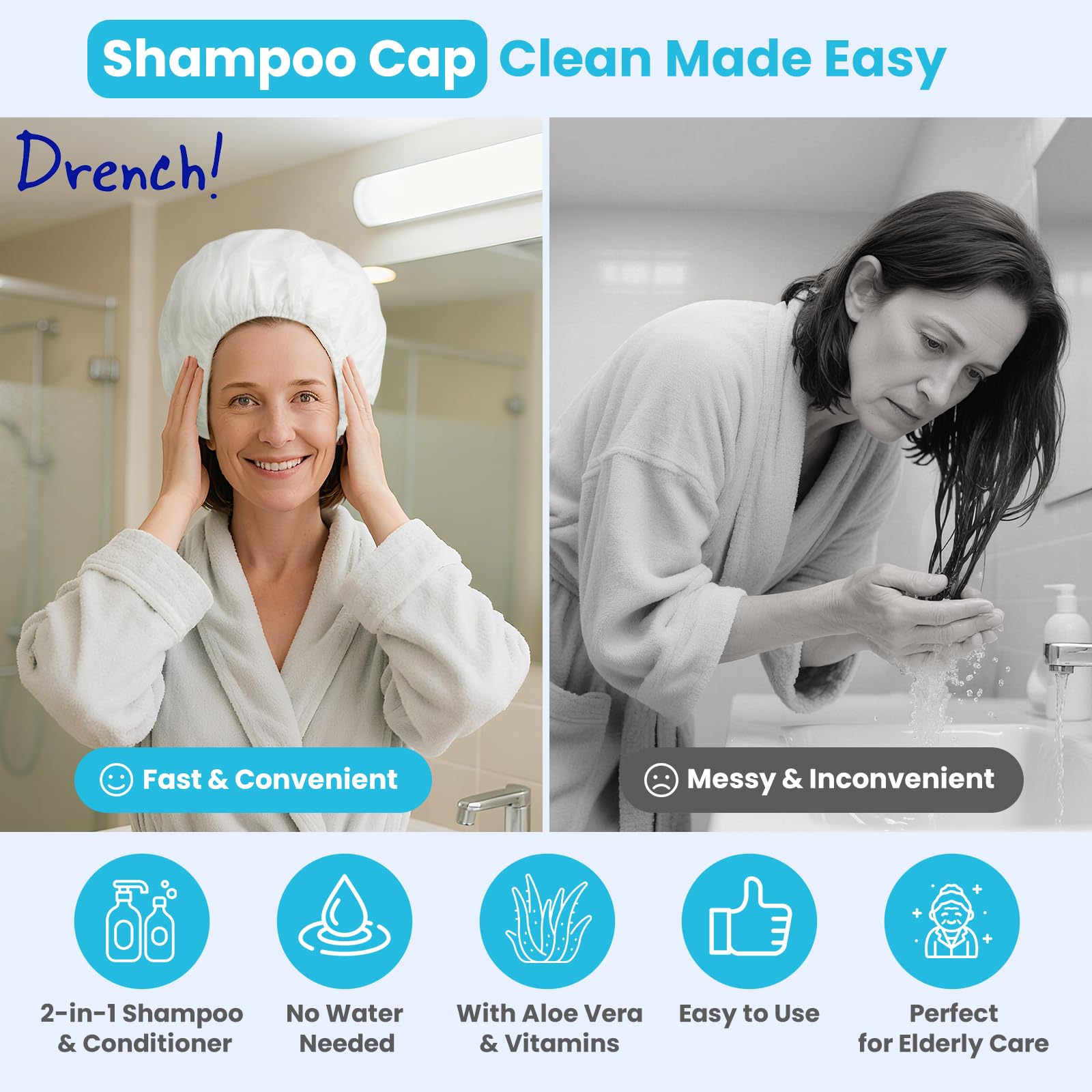 Drench Medical cap con aloe vera, sensación suave para el cuero cabelludo.