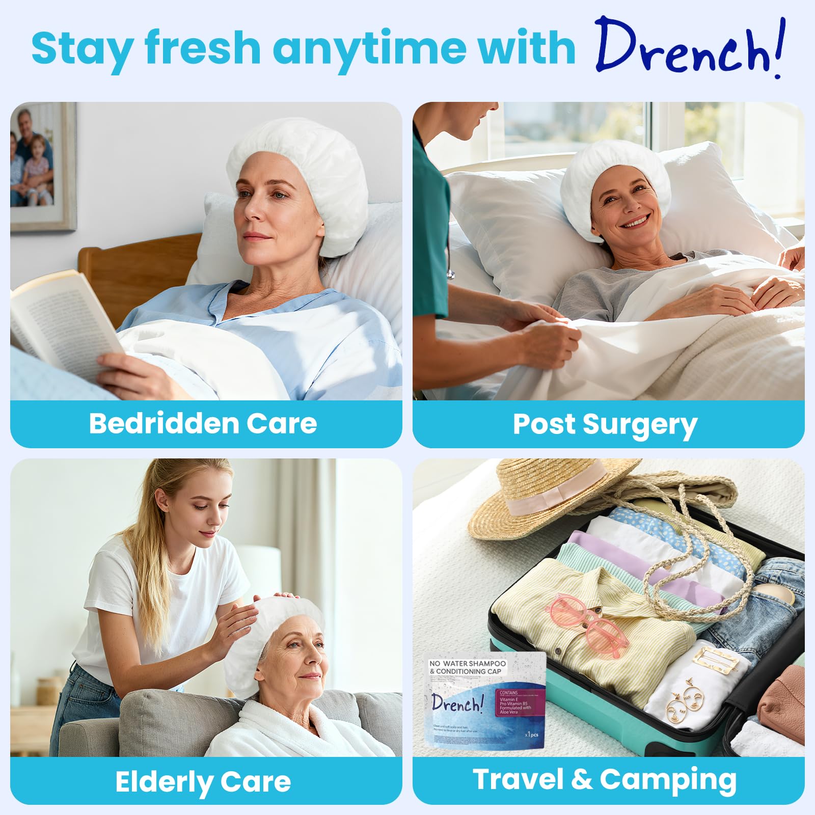 Drench Medical cap para personas encamadas, fácil de usar sin ducha.