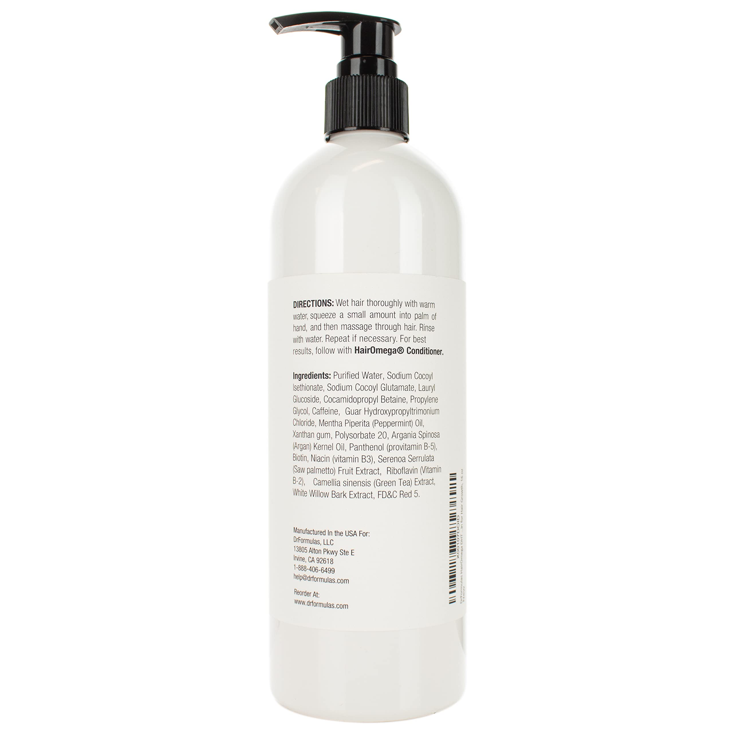 DrFormulas HairOmega Shampoo etiqueta: información de ingredientes para cuidado capilar informado.