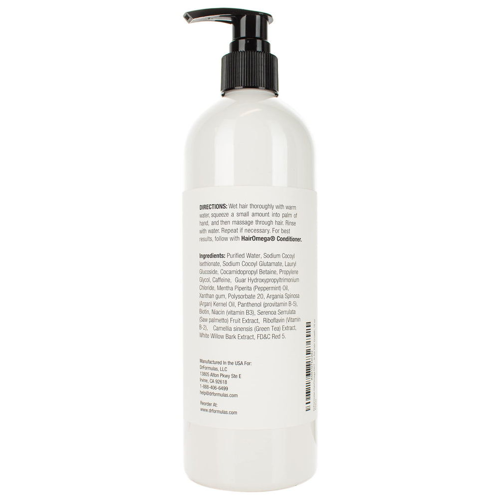 DrFormulas HairOmega Shampoo etiqueta: información de ingredientes para cuidado capilar informado.