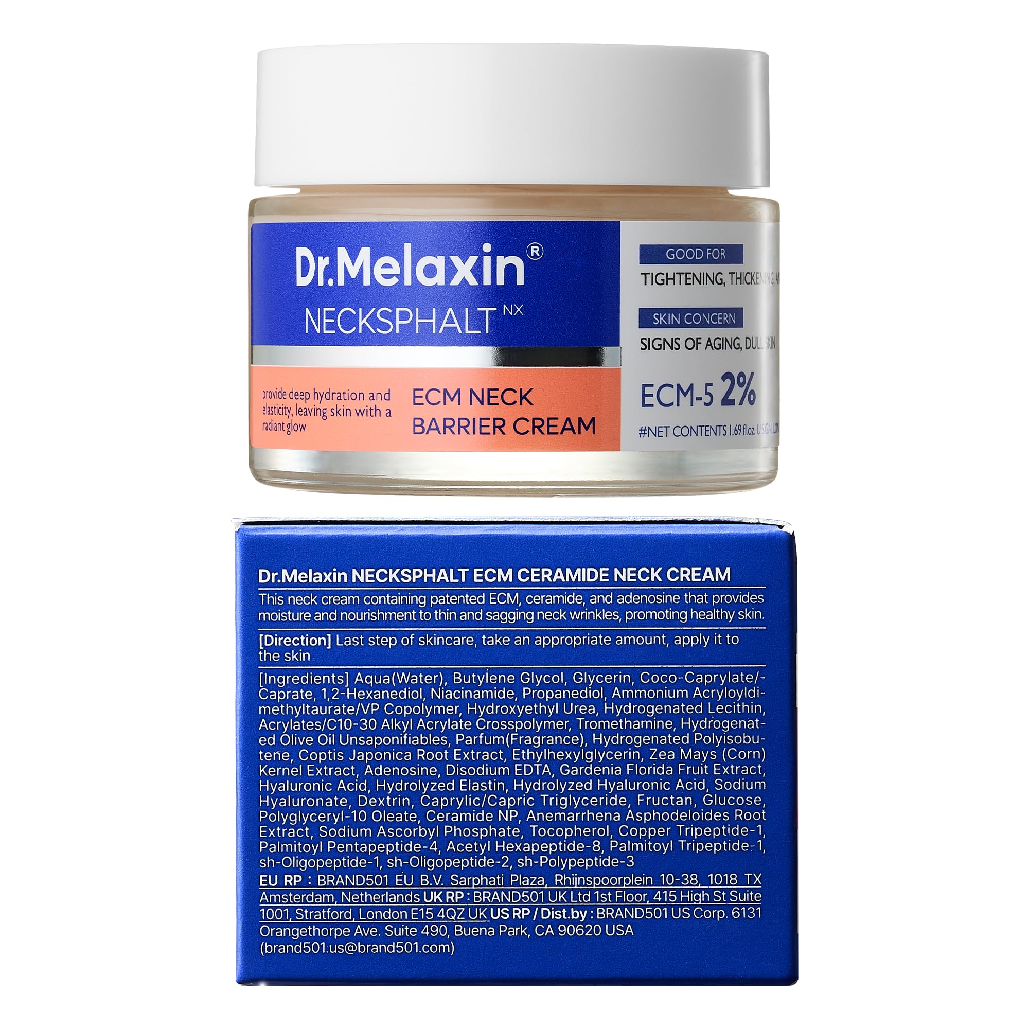 Dr.Melaxin Necksphalt: empaque elegante para rutina diaria de cuidado.