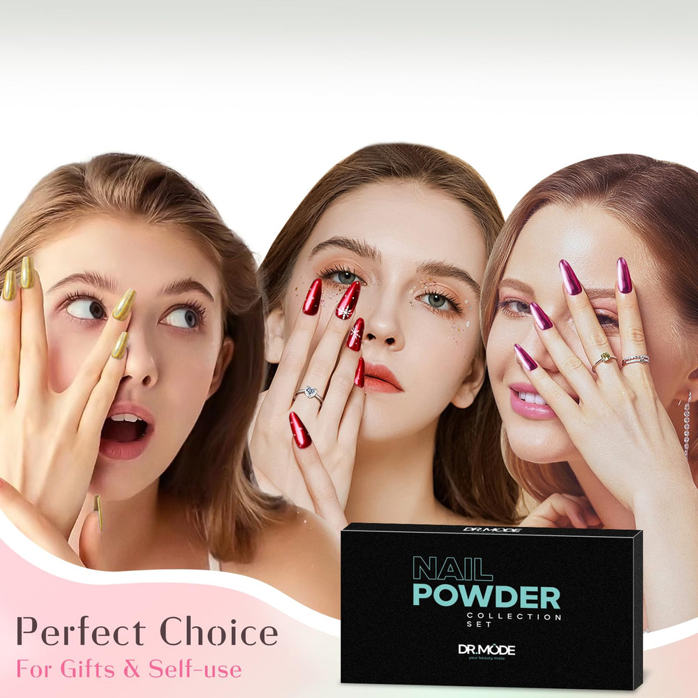 DRMODE polvos cromados holográficos resplandecen en uñas con efecto iridiscente