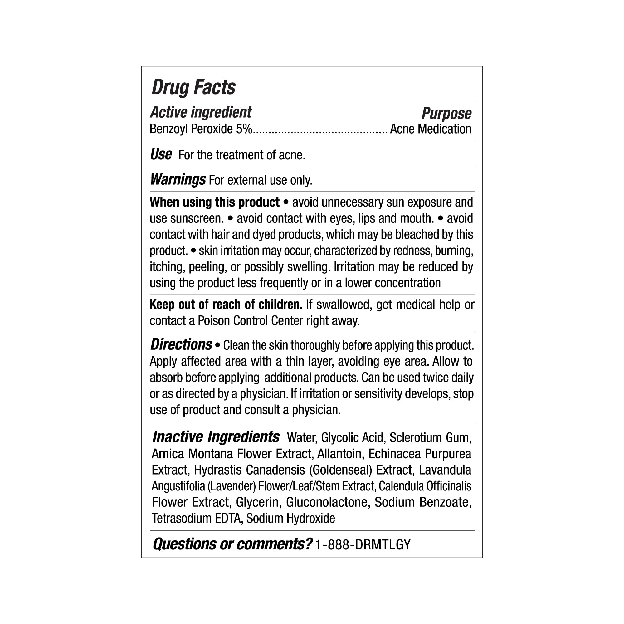 DRMTLGY etiqueta informa ingredientes clave y uso recomendado para rostro.