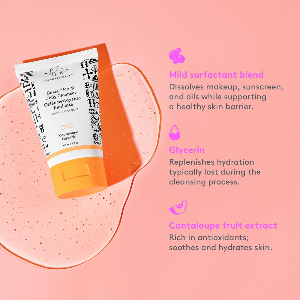 Drunk Elephant Beste No. 9 Jelly Cleanser, envase de viaje compacto.