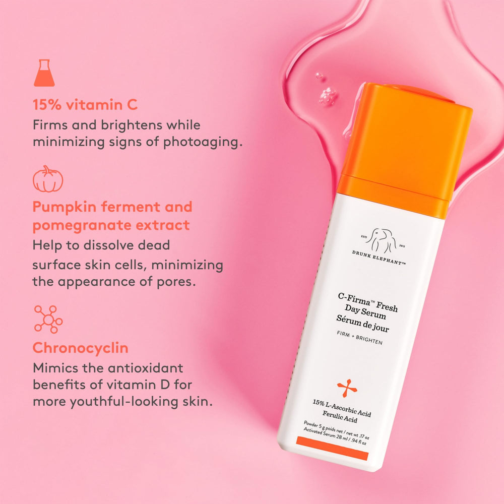 Drunk Elephant C-Firma, aplicación suave sobre rostro para tono más uniforme.