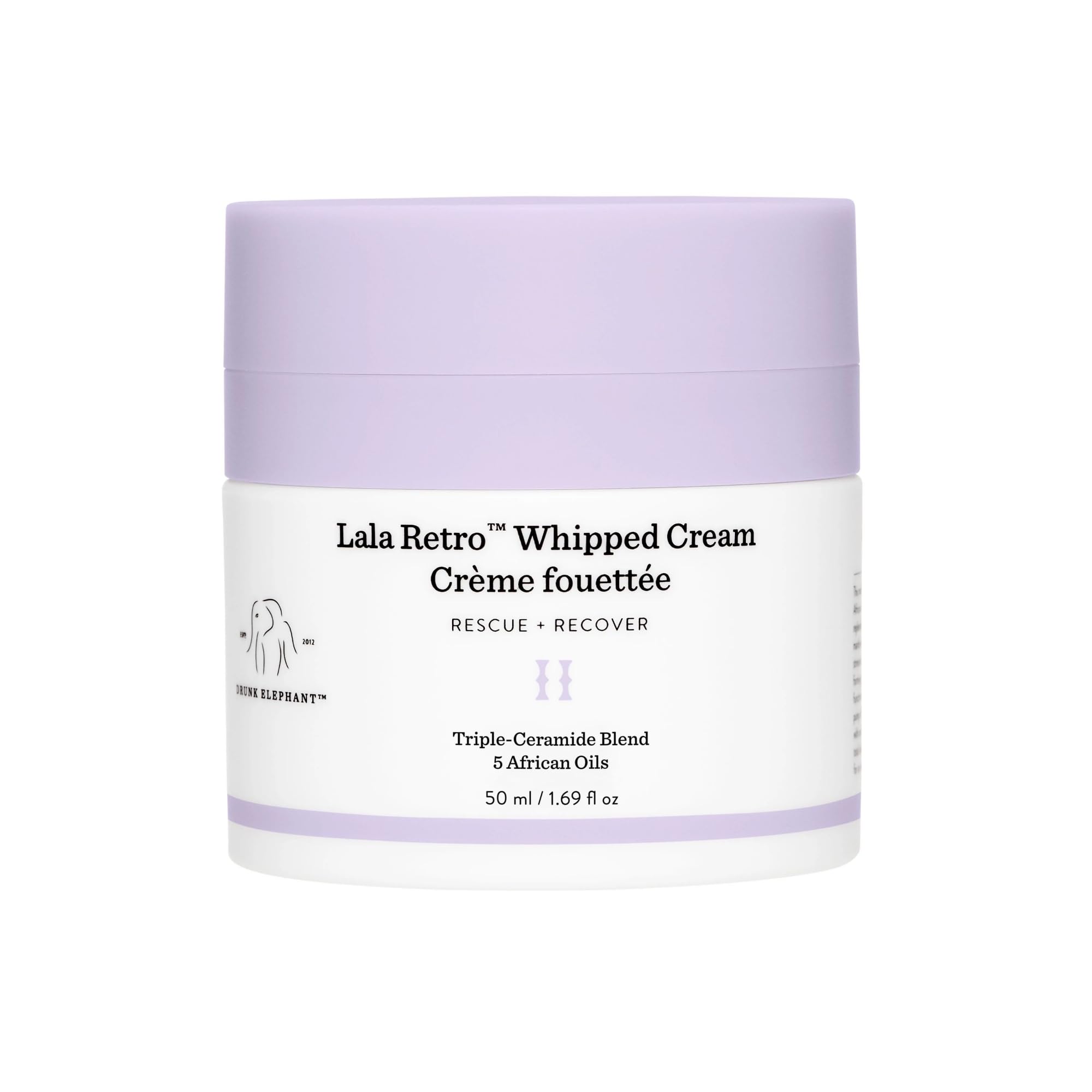 Drunk Elephant Lala Retro Whipped Cream en el bote, hidrata la piel diariamente.