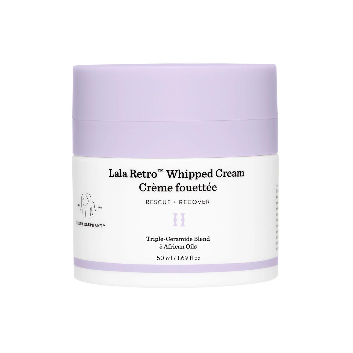 Drunk Elephant Lala Retro Whipped Cream en el bote, hidrata la piel diariamente.