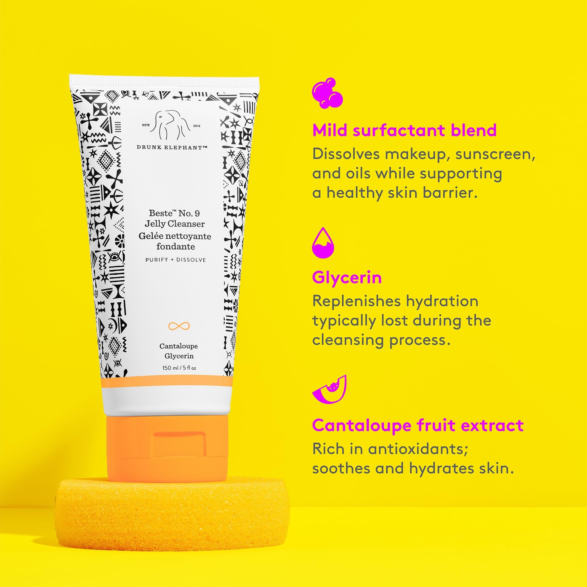 Etiqueta clara de Drunk Elephant informa sobre pH suave y uso recomendado