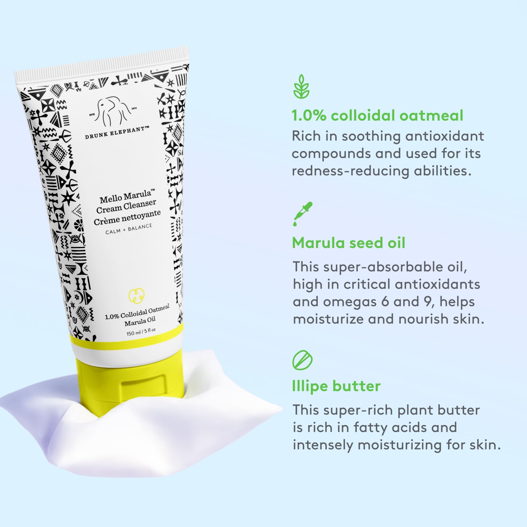 Envase de 150 ml de Drunk Elephant Mello Marula Cream Cleanser, compacto y práctico.