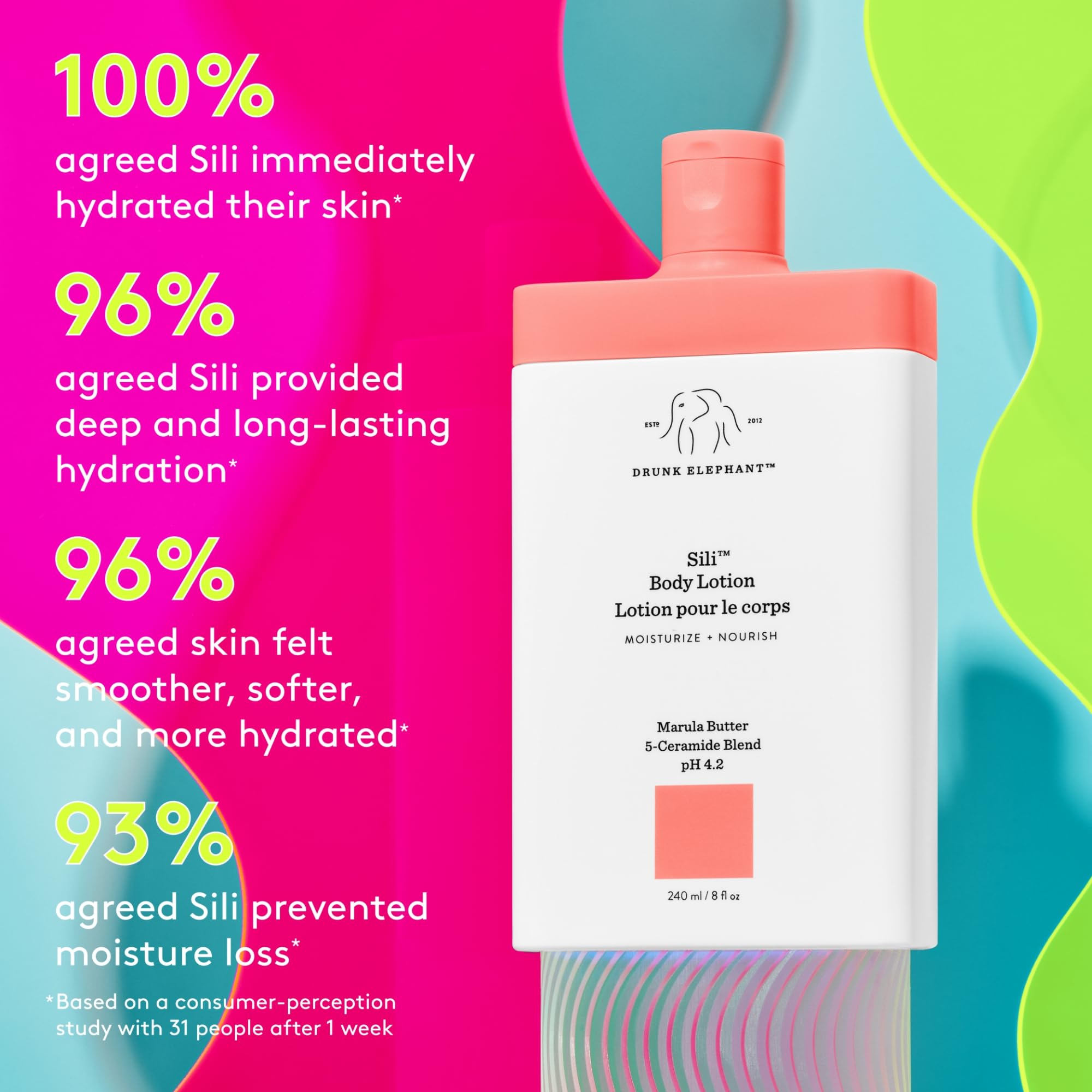 Drunk Elephant Sili Body Lotion montre les céramides et antioxydants protégeant la barrière cutanée