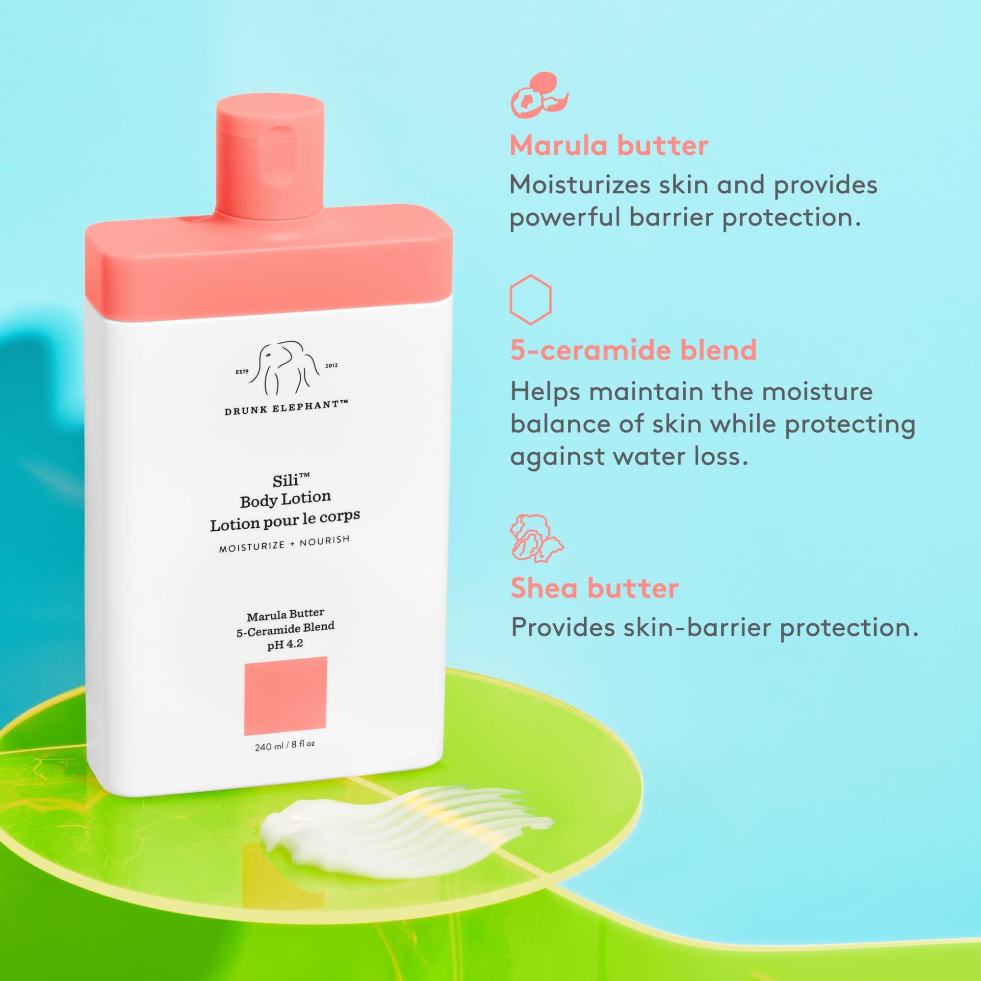 Formule au pH 4,2 adaptée aux peaux sensibles de Drunk Elephant Sili Body Lotion