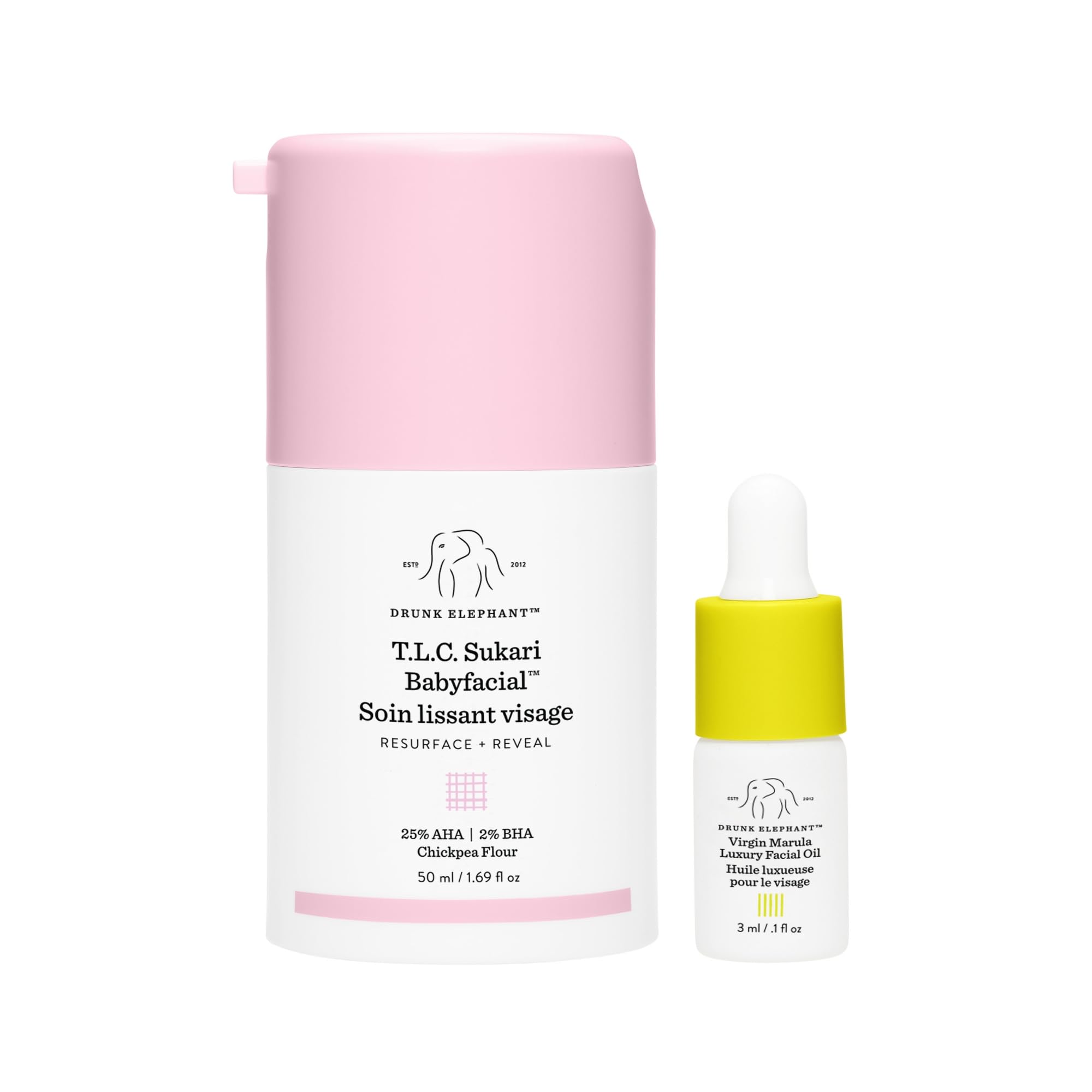 Drunk Elephant T.L.C. Sukari Babyfacial exfolie en douceur pour révéler une peau plus nette et lumineuse.