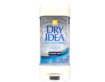 Dry Idea Advanced Dry Powder Fresh Gel bottle displaying clear gel for odor and sweat protection.