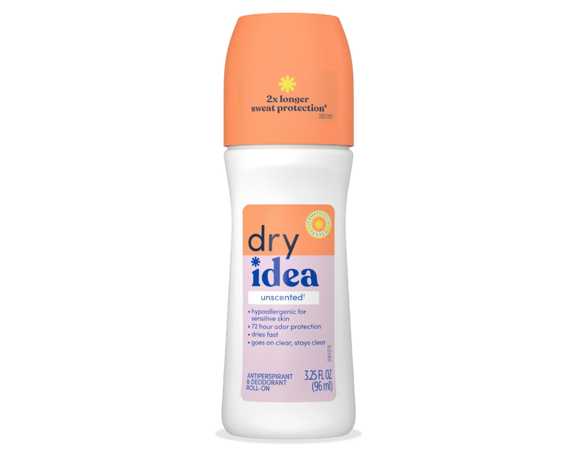 Dry Idea roll-on unscented deodorant bottle label, showcasing convenient three-pack packaging.