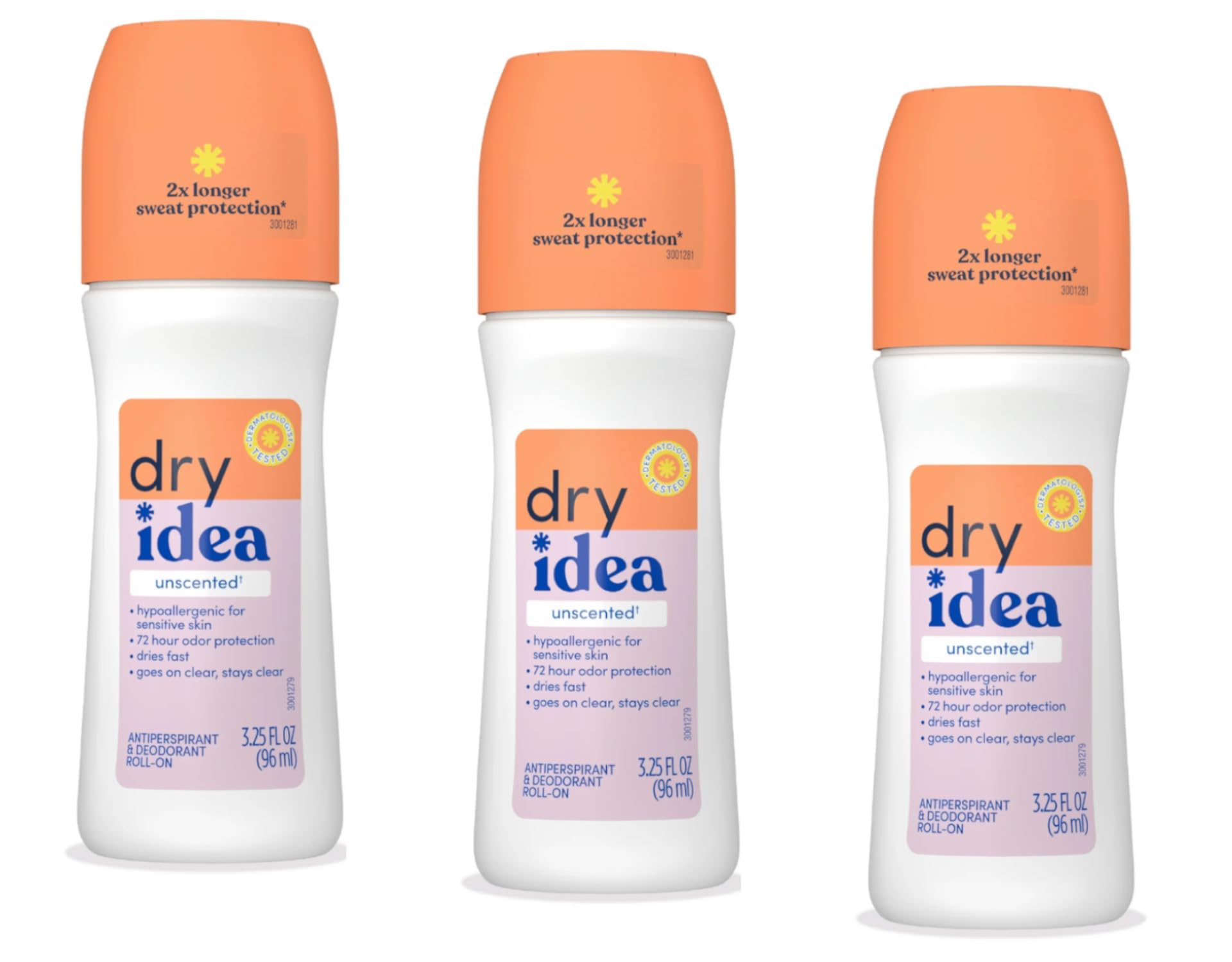 Dry Idea deodorant roll-on unscented three-pack bottles for daily protection.