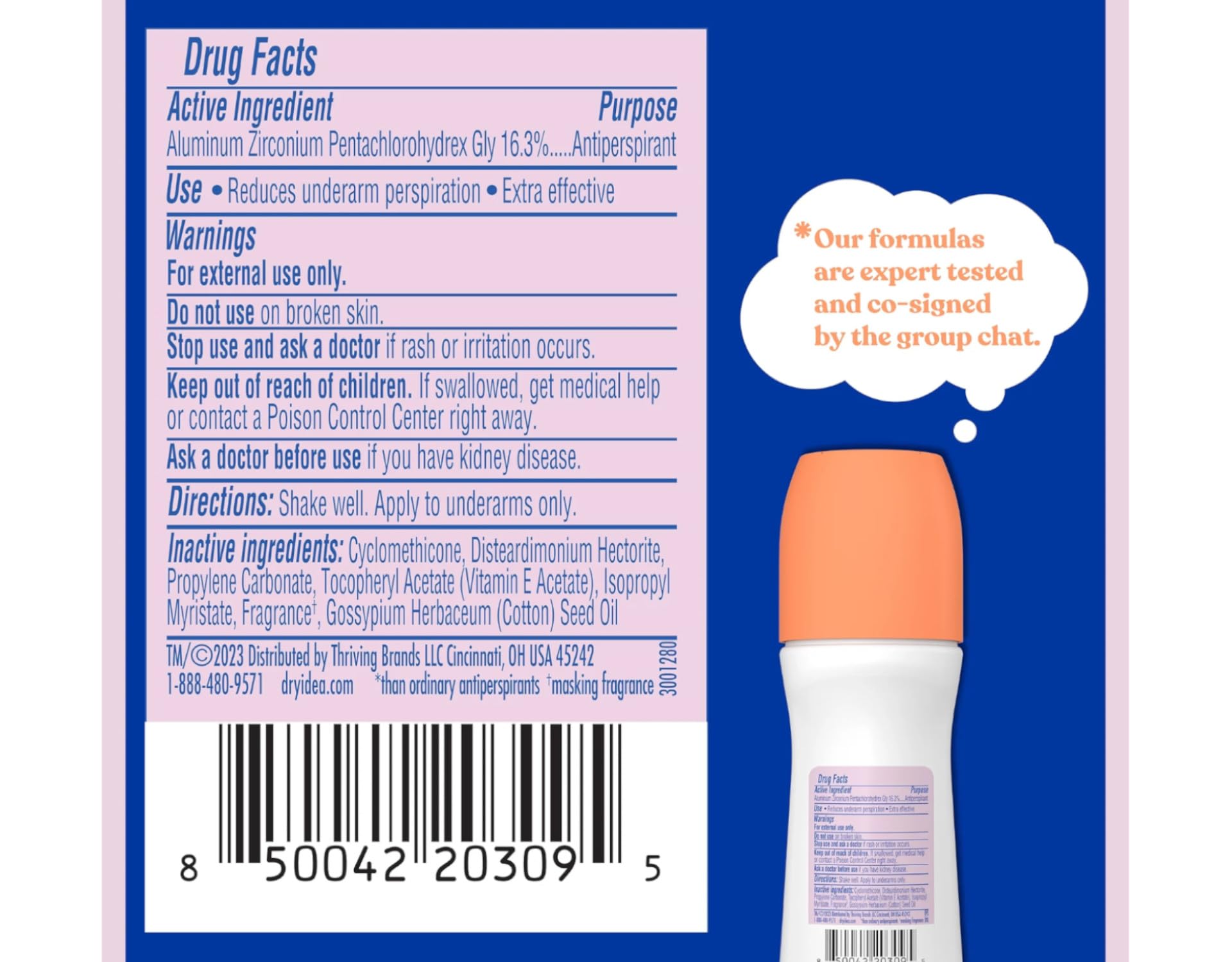 Dry Idea roll-on cap closeup highlights compact, leak-resistant design.