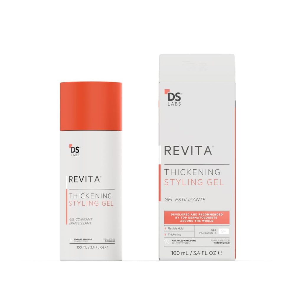 DS Labs Revita Gel: bote para aplicación manual, peinado suave sin residuos.