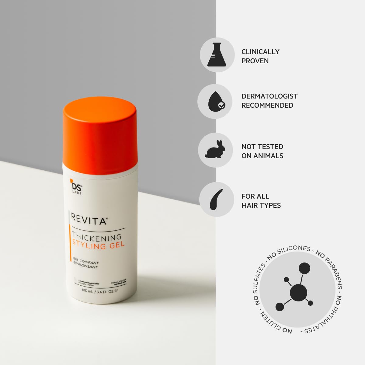 DS Labs Revita Gel: ingredientes ginseng, zinc y cafeína para estilizado diario.