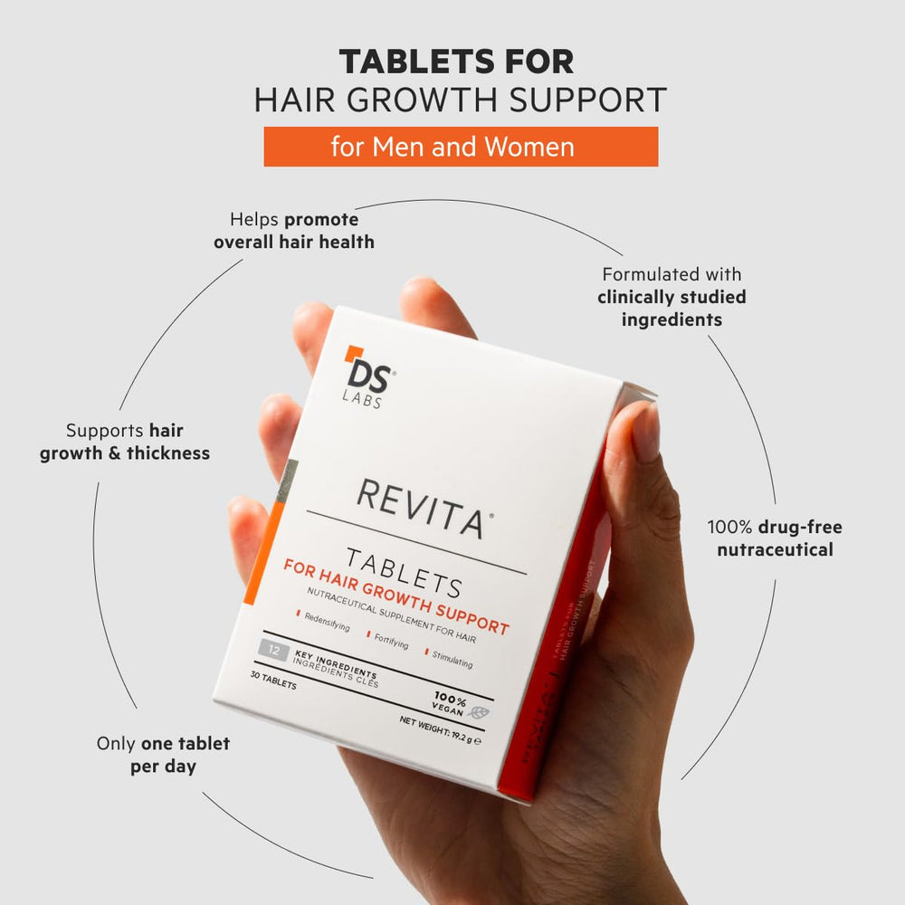 DS Laboratories Revita Hair Density tablets label close-up highlighting daily use for hair wellness