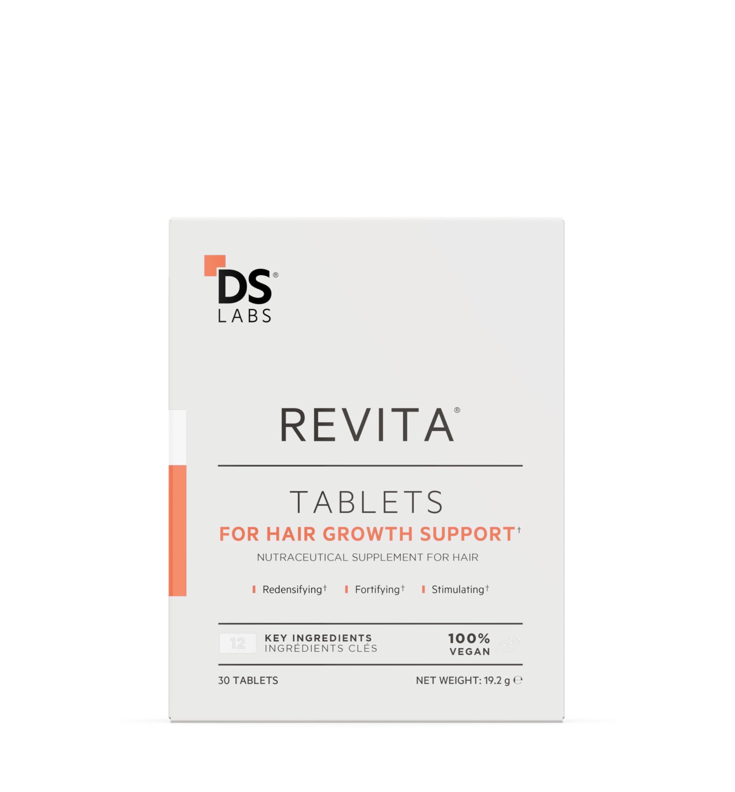 Revita de DS Laboratories, frente de la botella, promueve densidad y salud capilar.