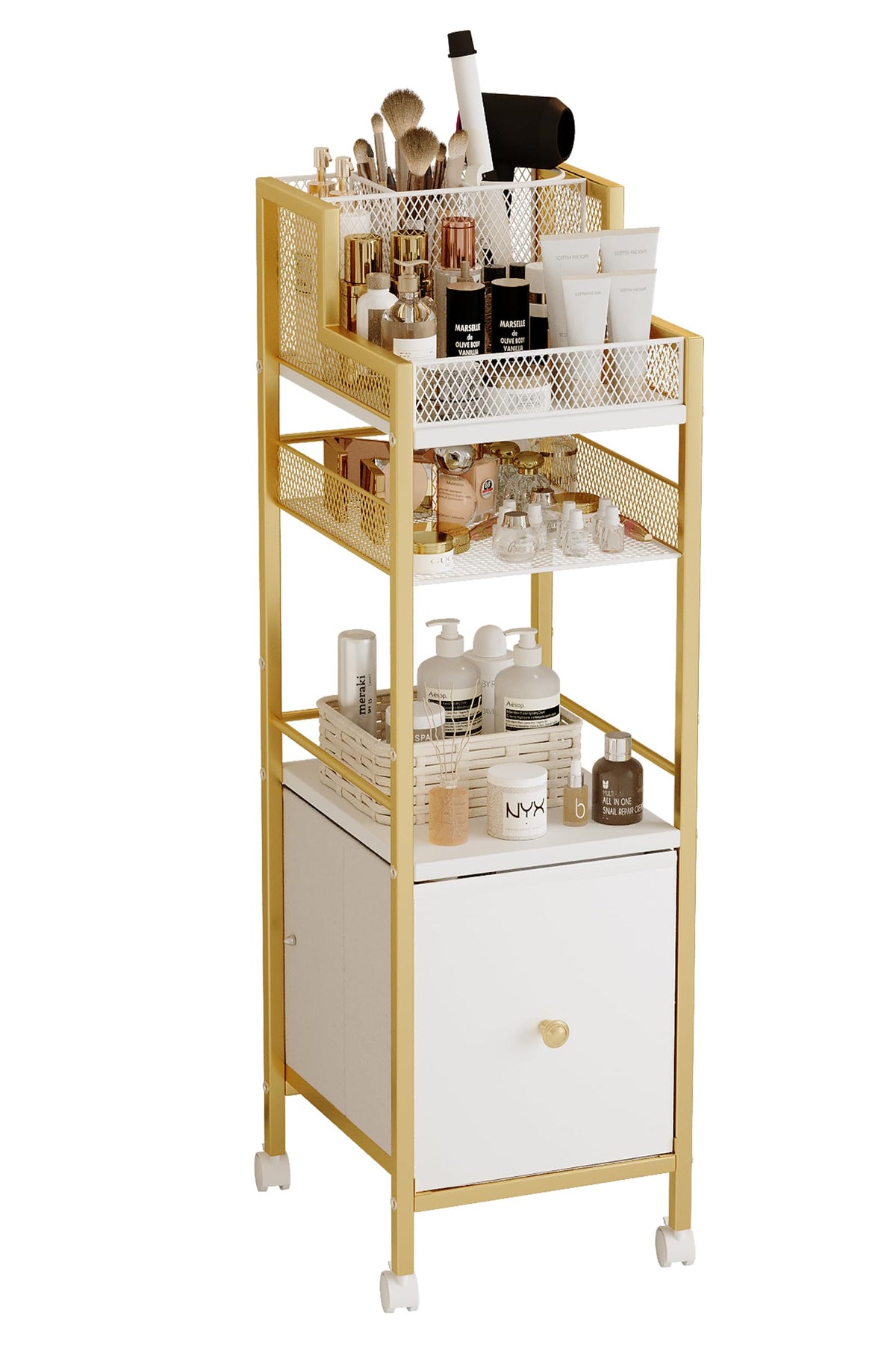 Dsmadn organizador maquillaje cajones dorados, ideal para ordenar maquillaje y accesorios.