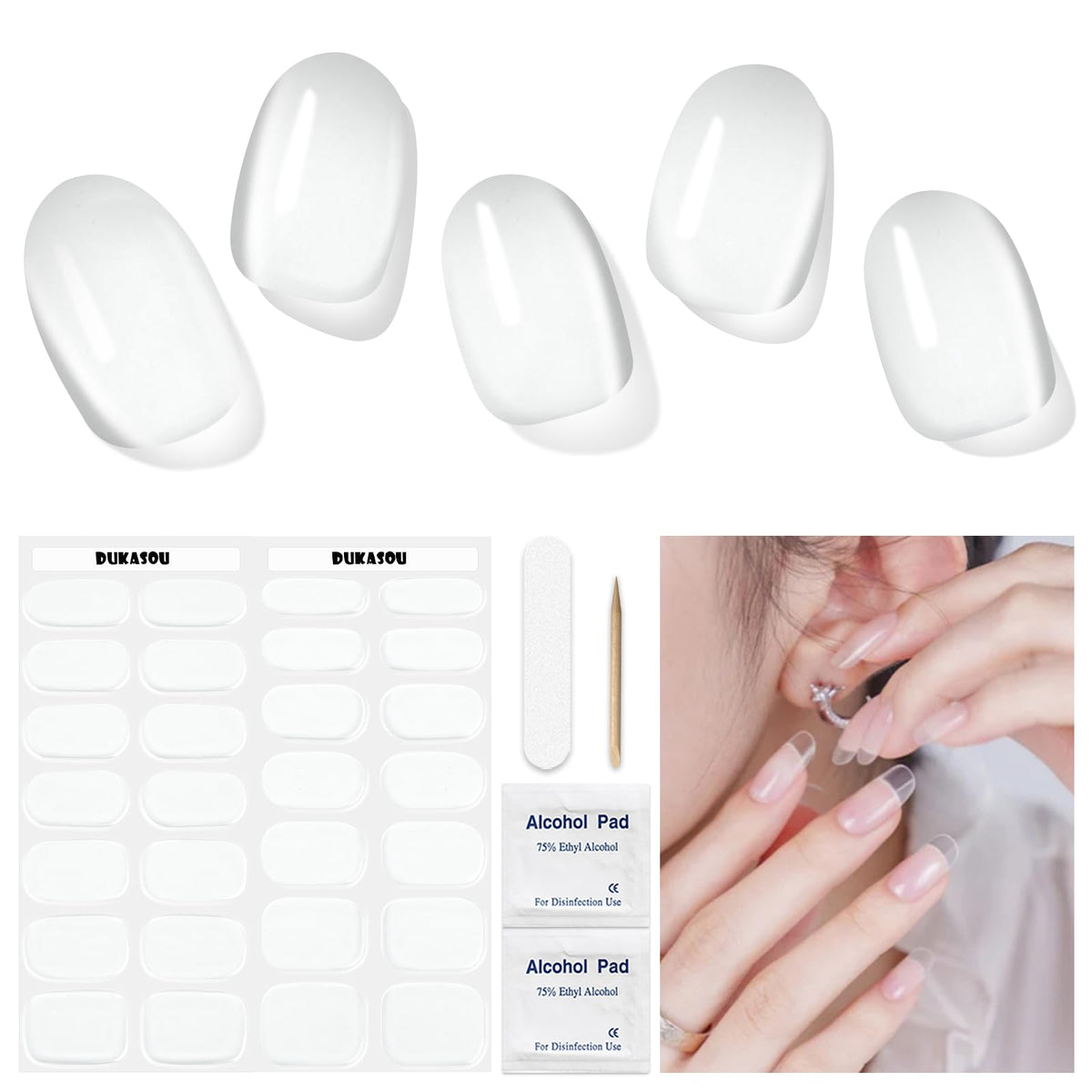 DUKASOU tiras gel transparentes para uñas, acabado brillante en casa