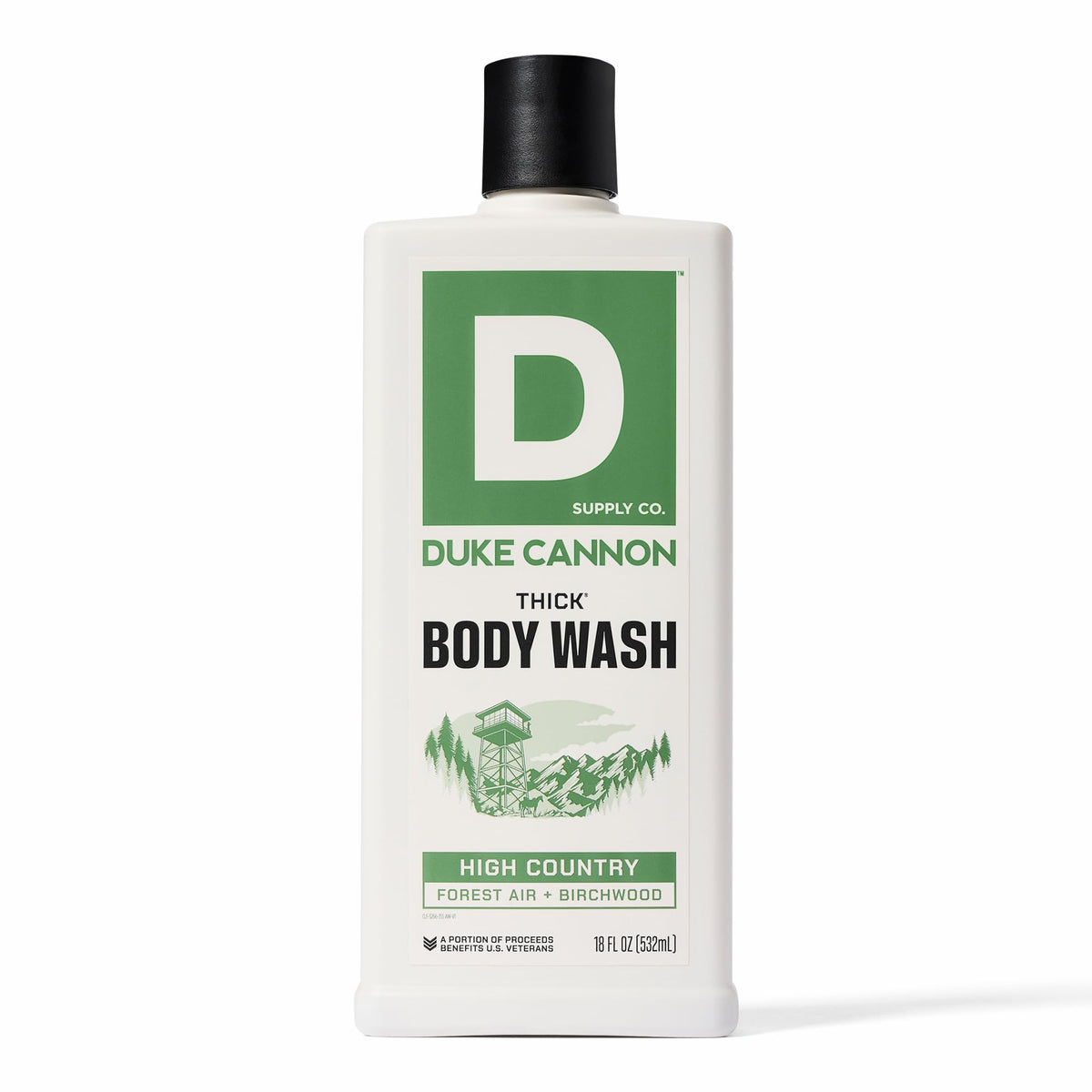 Duke Cannon High Country bottle pour showing thick viscosity for a rich wash.