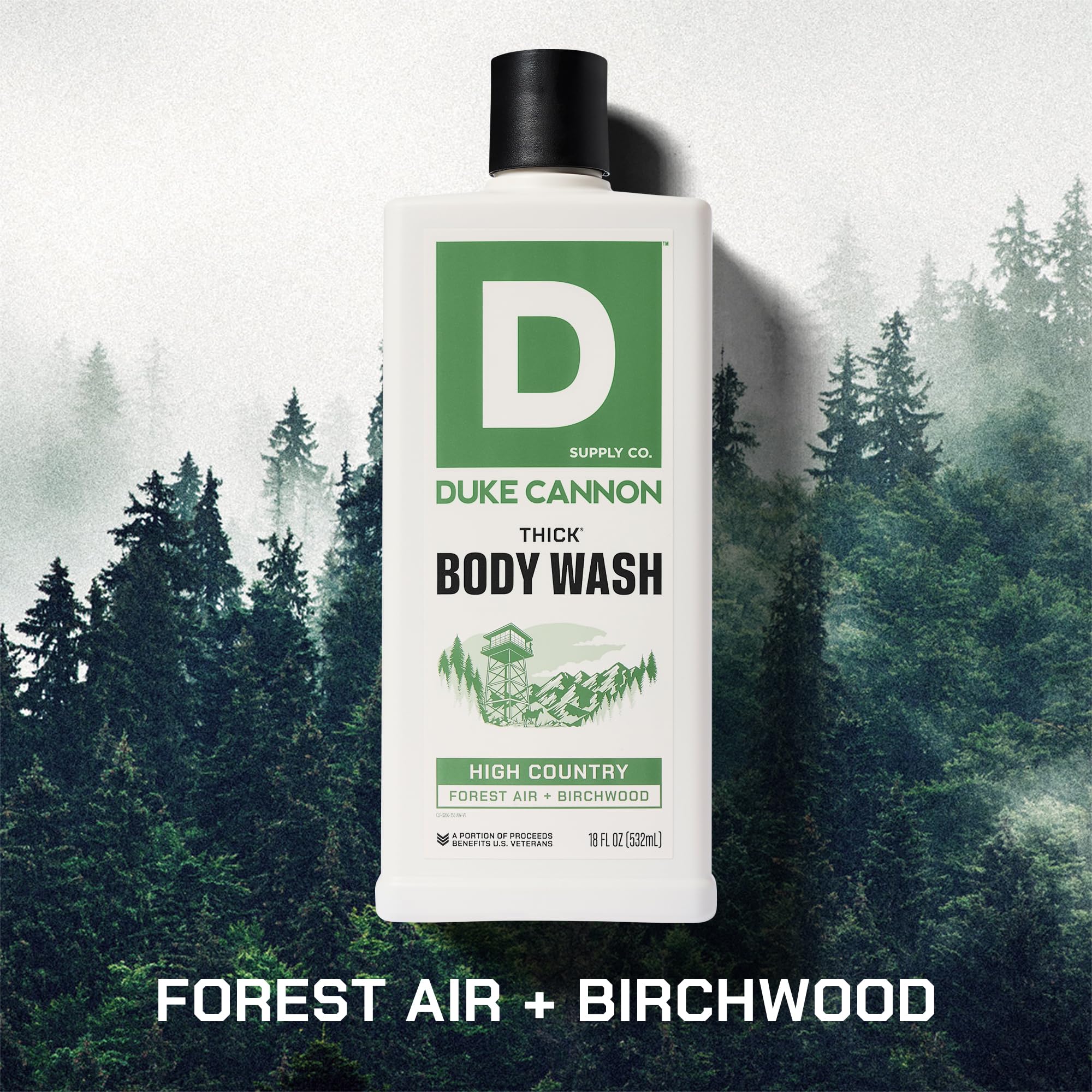 Duke Cannon High Country label close-up highlights mineral content and branding.