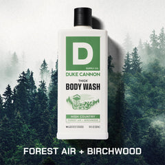 Duke Cannon High Country label close-up highlights mineral content and branding.