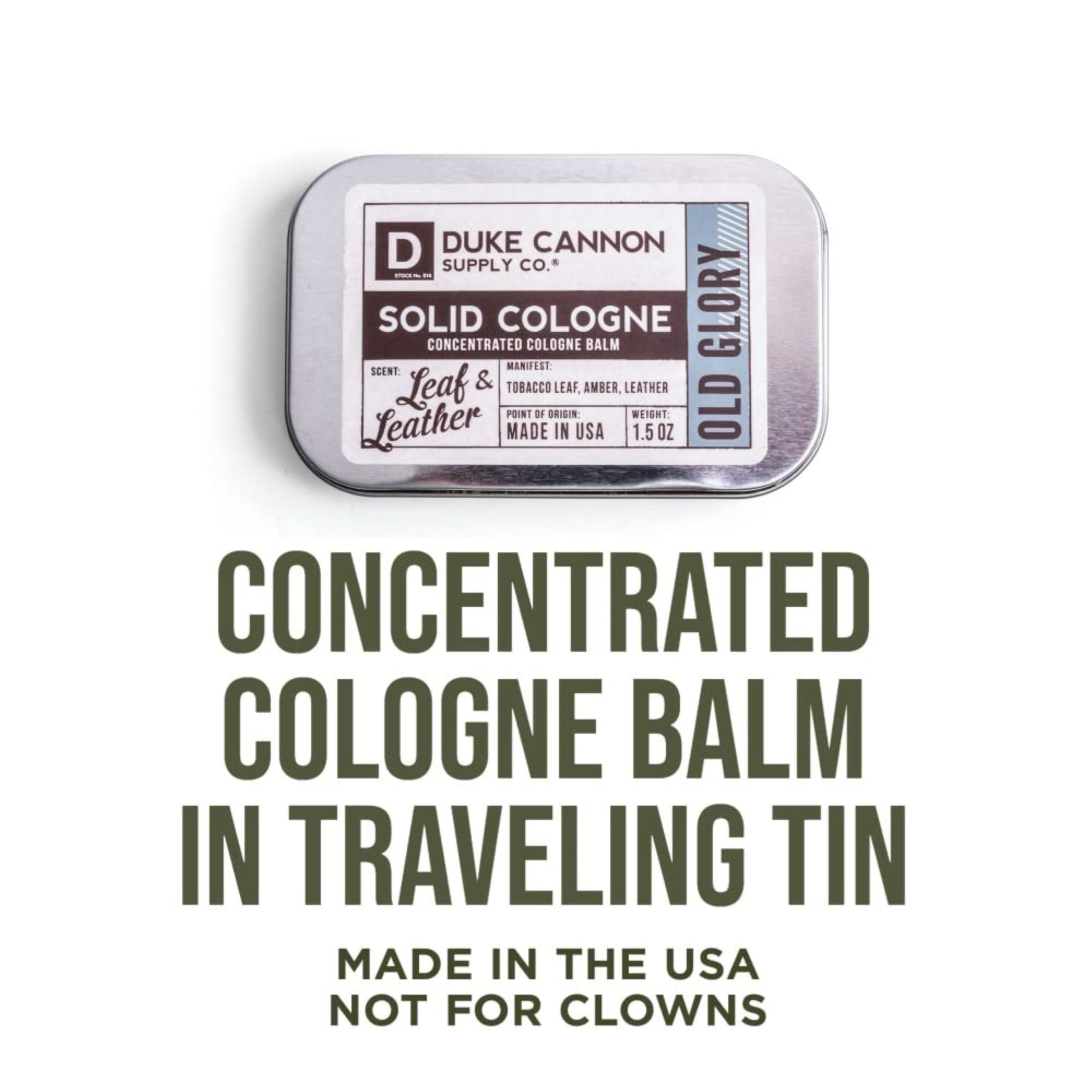 Scent notes of tobacco, amber, leather in Duke Cannon Old Glory blend.