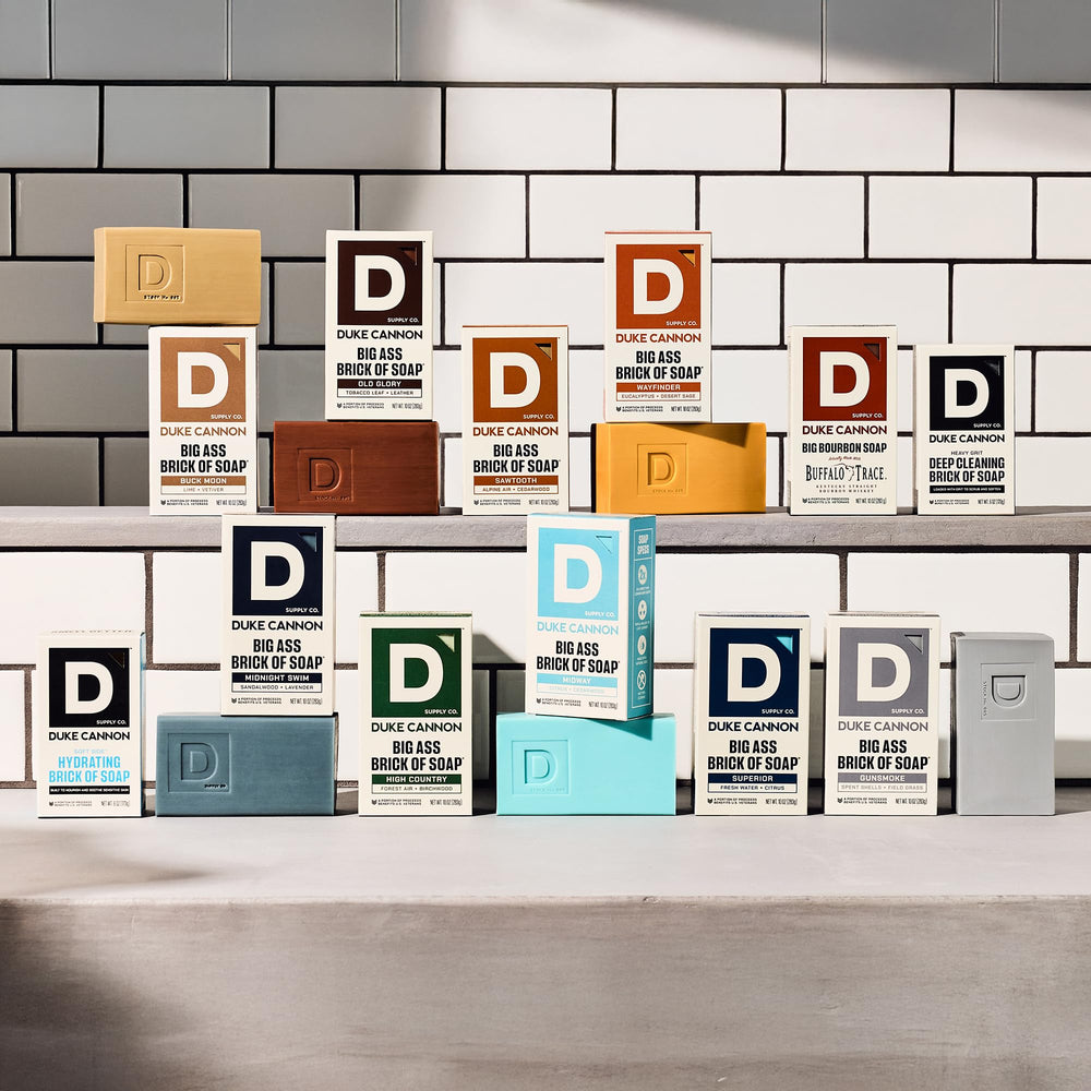 Duke Cannon patriotic-brand image showing rugged grooming ethos for men.