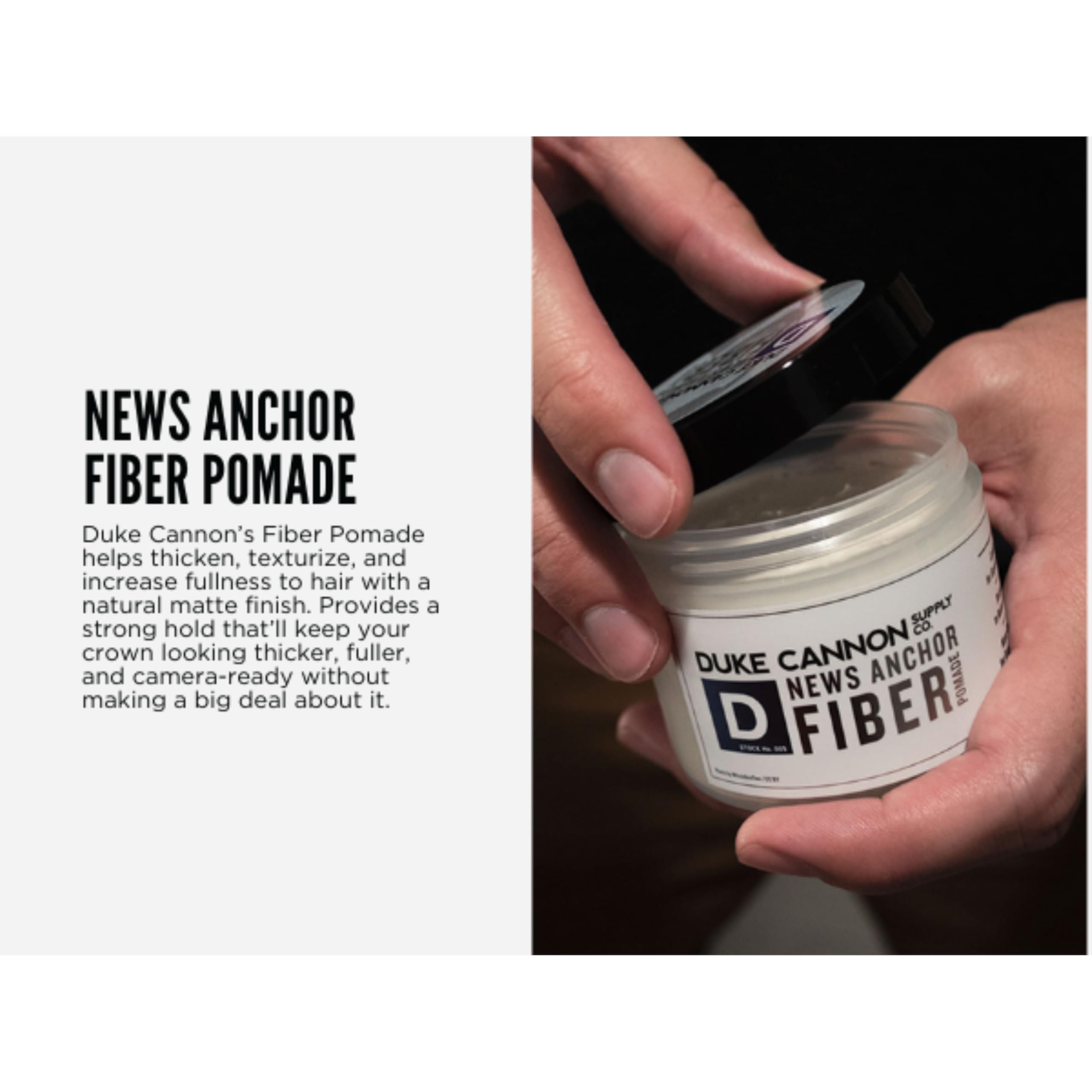 Duke Cannon News Anchor Pomada de Fibra 2-Pack: diseño de envase detallado