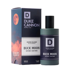 Duke Cannon Buck Moon bottle in apothecary glass for everyday wear.