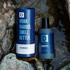 Duke Cannon Proper Cologne Huron bottle side highlights minimalist apothecary-inspired design.