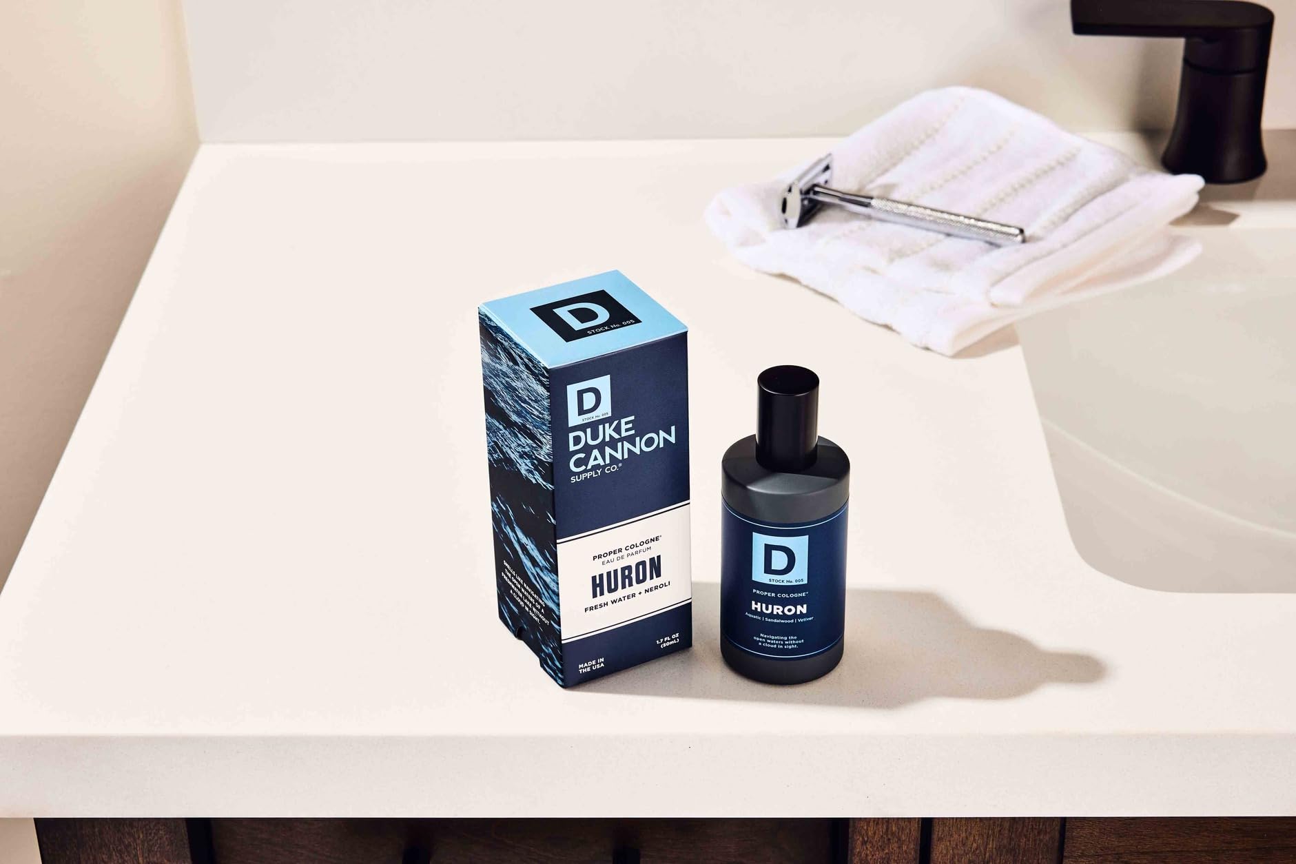 Duke Cannon Proper Cologne Huron packaging conveys rugged, masculine appeal.